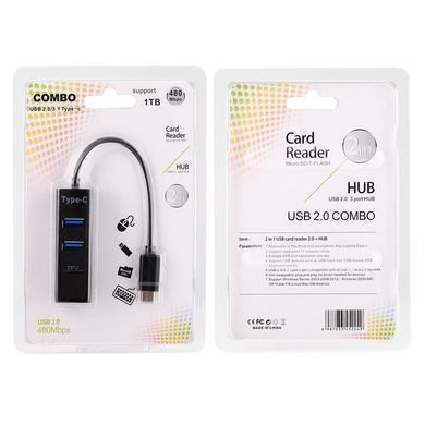 Адаптер Type-C to 3PortUSB HUB, TF(microSD), чорний