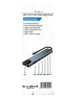 Адаптер 8 in 1 Type-C to Type-C, HDMI, 2xUSB3.0, PD, LAN(RJ45), SD/TF