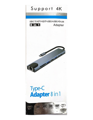 Адаптер 8 in 1 Type-C to Type-C, HDMI, 2xUSB3.0, PD, LAN(RJ45), SD/TF