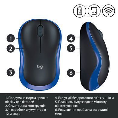 Миша 3 кноп. Logitech M185 (910-002239) бездротова (USB), синій